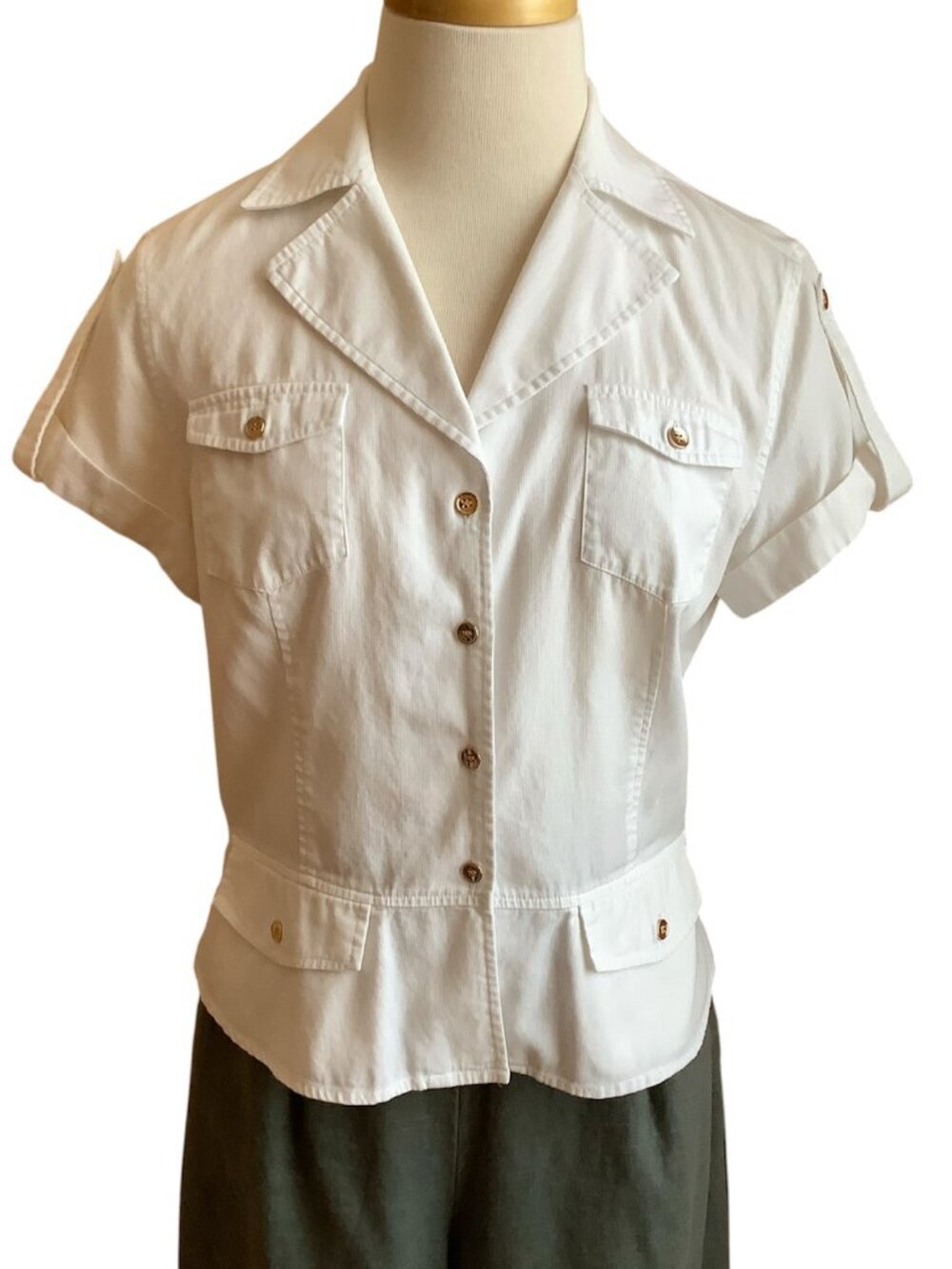Jones New York Signature White Cotton Utility Shirt Gold Button Size M